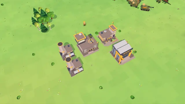 Modern Human base with the cooling towers of the power plants, tanks in the corner on their way to battle