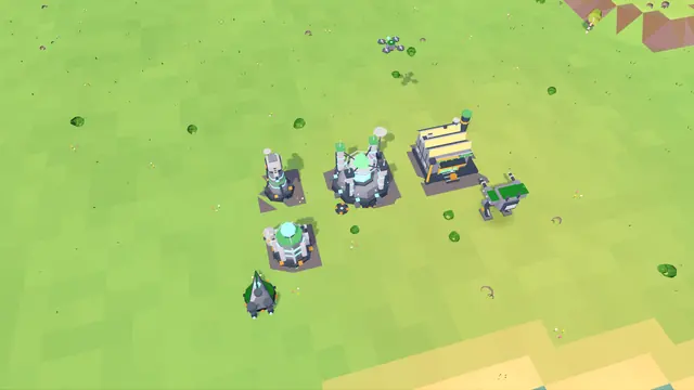 Glowing Machine buildings: Core, Reactor, Factory and Laser Tower, a Walker and a Hovercraft next to them