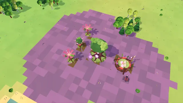 Grove Heart, blossom trees, a Thornbush and a Nest on purple undergrowth, a Beetle next to them