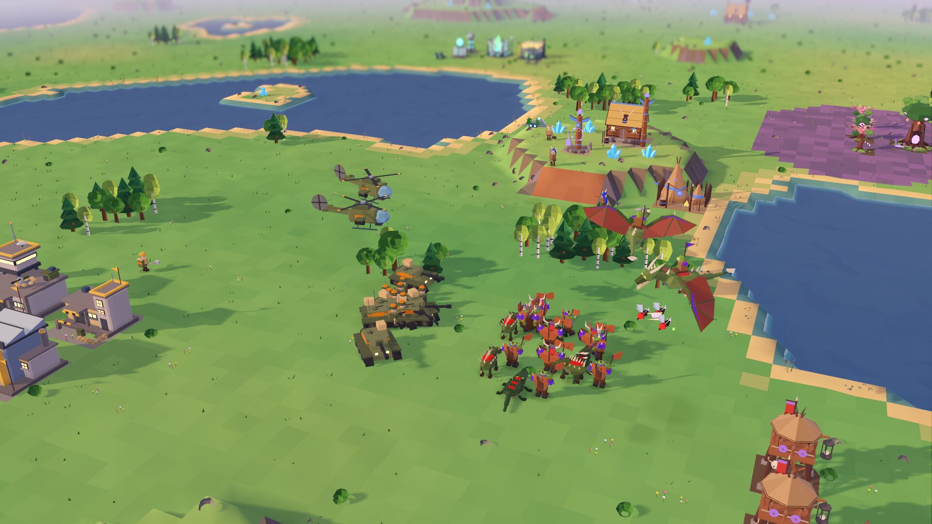 Battle by a lake: Human tanks and helicopters against Orc warriors and wyverns. Behind them the Shamans on a plateau, the Machines beyond the lake and the purple undergrowth of Nature.